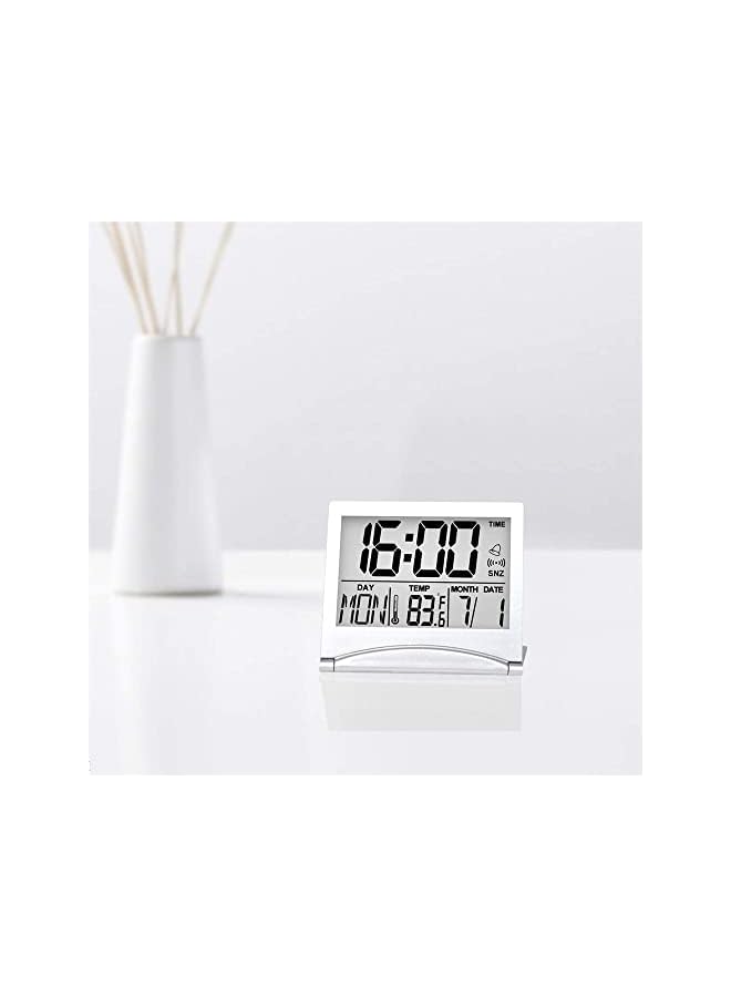 SYOSI Travel Alarm Clock, 2 Pieces Foldable Calendar and Temperature and Timer LCD Clock with Snooze Mode, Large Number Display, Multifunction Small Portable Clock Desk Clock (Black, Silver) - Image 5