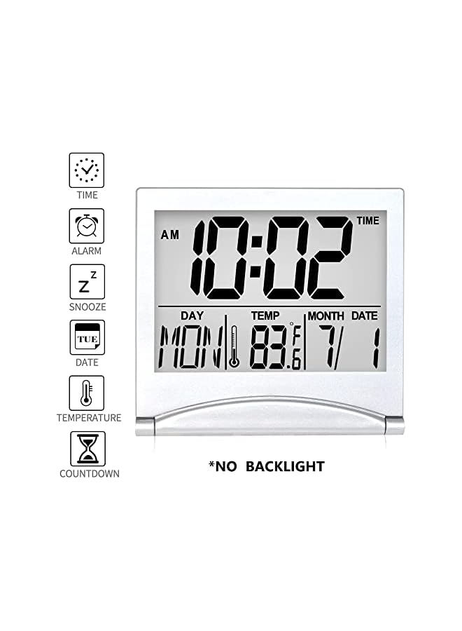 SYOSI Travel Alarm Clock, 2 Pieces Foldable Calendar and Temperature and Timer LCD Clock with Snooze Mode, Large Number Display, Multifunction Small Portable Clock Desk Clock (Black, Silver) - Image 4