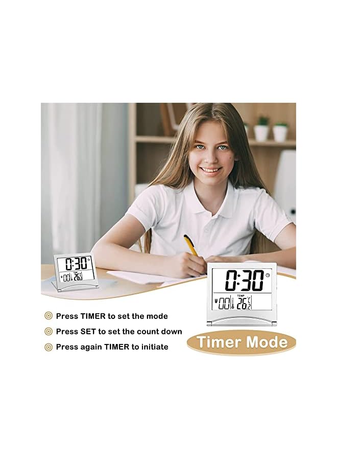 SYOSI Travel Alarm Clock, 2 Pieces Foldable Calendar and Temperature and Timer LCD Clock with Snooze Mode, Large Number Display, Multifunction Small Portable Clock Desk Clock (Black, Silver) - Image 3