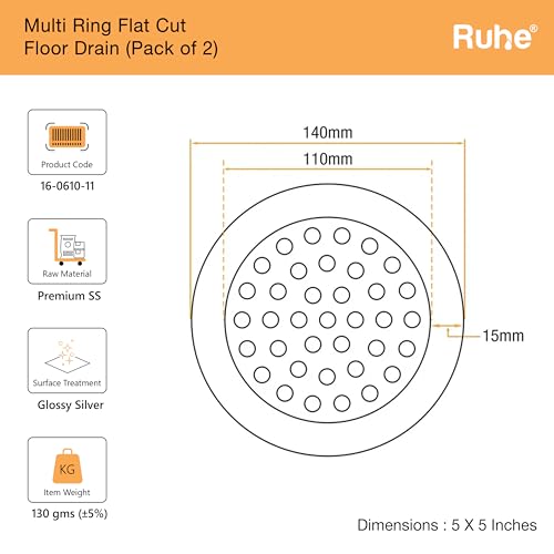 Ruhe® Multi Ring Flat Cut Floor Drainer/Jali | Premium Grade Stainless Steel Multi Ring Flat Cut Floor Drainer/Jali Set of 6 (5 Inches) - Image 3