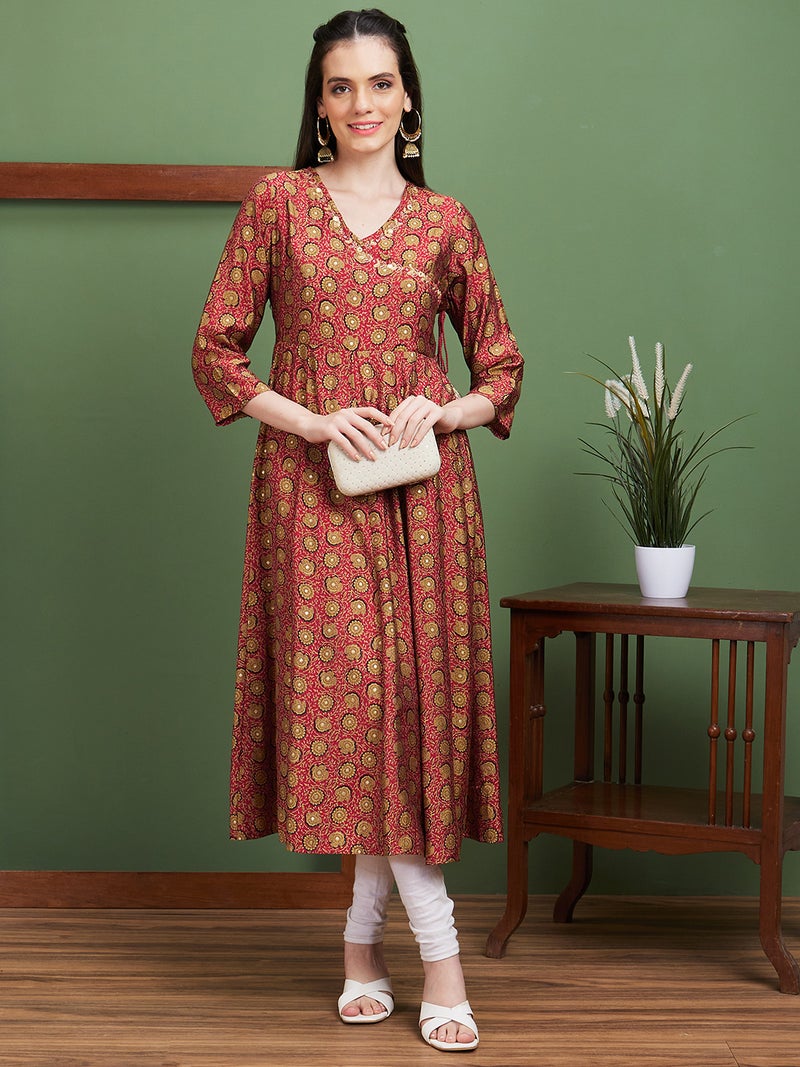 globus Globus Women Ethnic Motifs Printed Flared Sleeves Thread Work Floral Kurta - Image 1