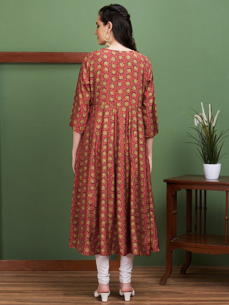 globus Globus Women Ethnic Motifs Printed Flared Sleeves Thread Work Floral Kurta - Image 3