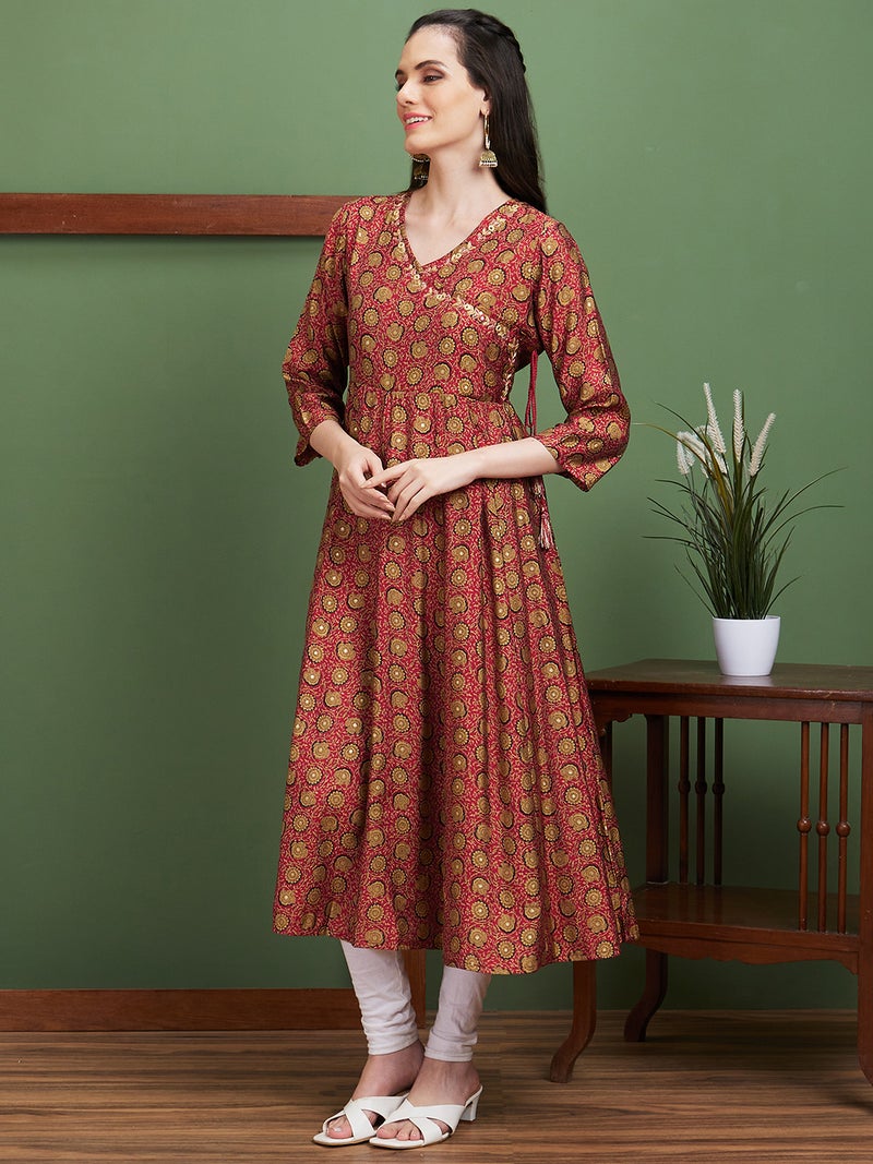 globus Globus Women Ethnic Motifs Printed Flared Sleeves Thread Work Floral Kurta - Image 2