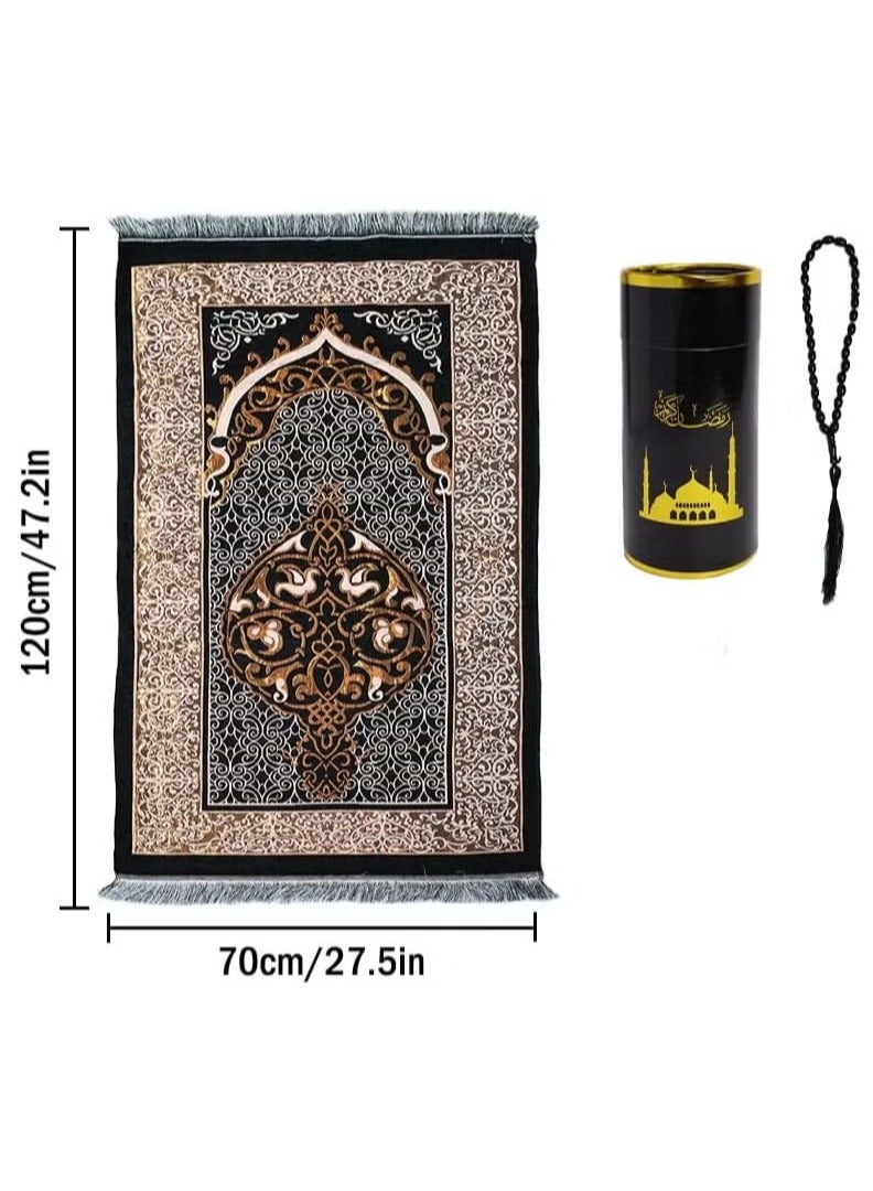 JiuAn Muslim Prayer Rug & Beads Set with Stylish Cylinder Gift Box Janamaz Sajadah Ultra-Soft Taffeta Prayer Mat Perfect Islamic Spiritual Gift for Ramadan Islamic Mosque Dome Pattern Black - Image 2