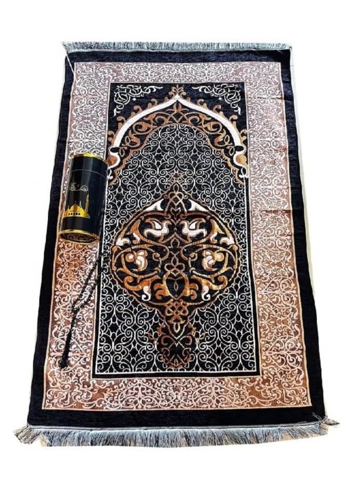 JiuAn Muslim Prayer Rug & Beads Set with Stylish Cylinder Gift Box Janamaz Sajadah Ultra-Soft Taffeta Prayer Mat Perfect Islamic Spiritual Gift for Ramadan Islamic Mosque Dome Pattern Black - Image 4