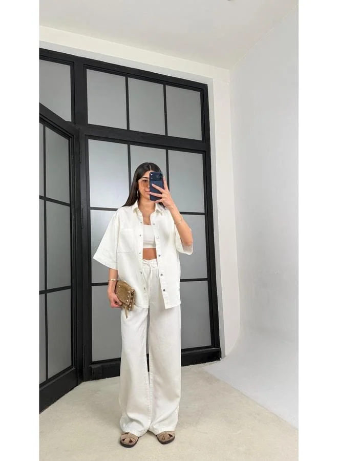 GAUS White Shirt and Belted Pants Two-Piece Tencel Denim Set GAUS-01471.