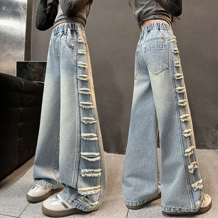 Girls' Jeans Large Children'S Side Ripped Wide Leg Pants Spring Casual Straight Pants - Image 3