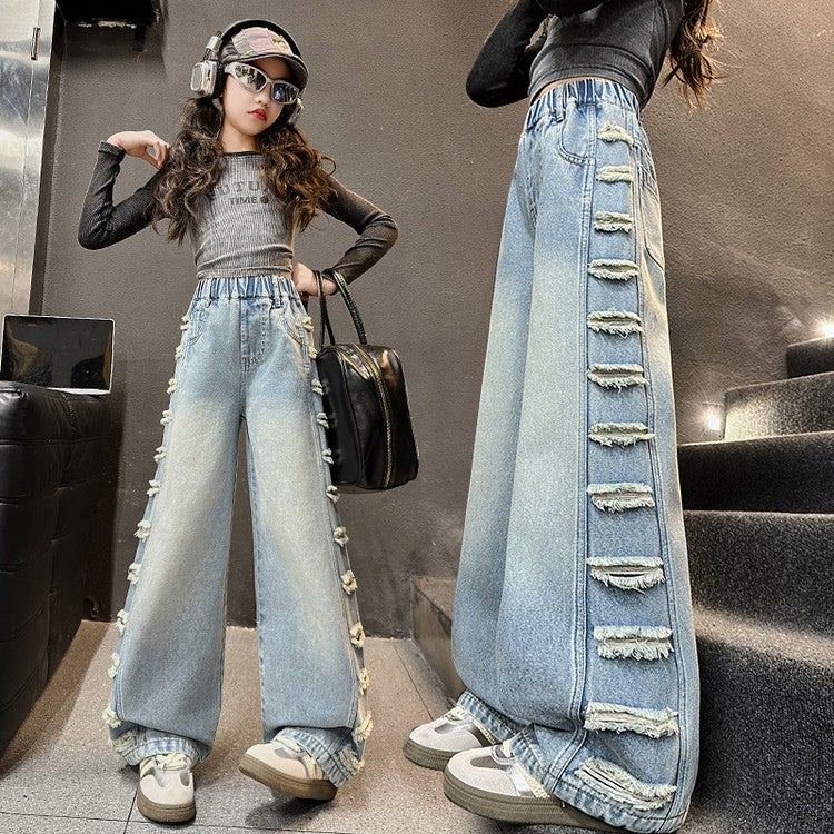 Girls' Jeans Large Children'S Side Ripped Wide Leg Pants Spring Casual Straight Pants - Image 5