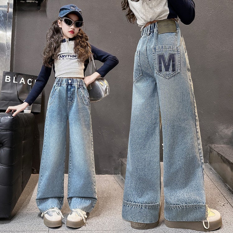 Girls' Jeans Large Children'S Side Ripped Wide Leg Pants Spring Casual Straight Pants - Image 1