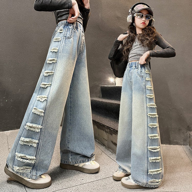 Girls' Jeans Large Children'S Side Ripped Wide Leg Pants Spring Casual Straight Pants - Image 4