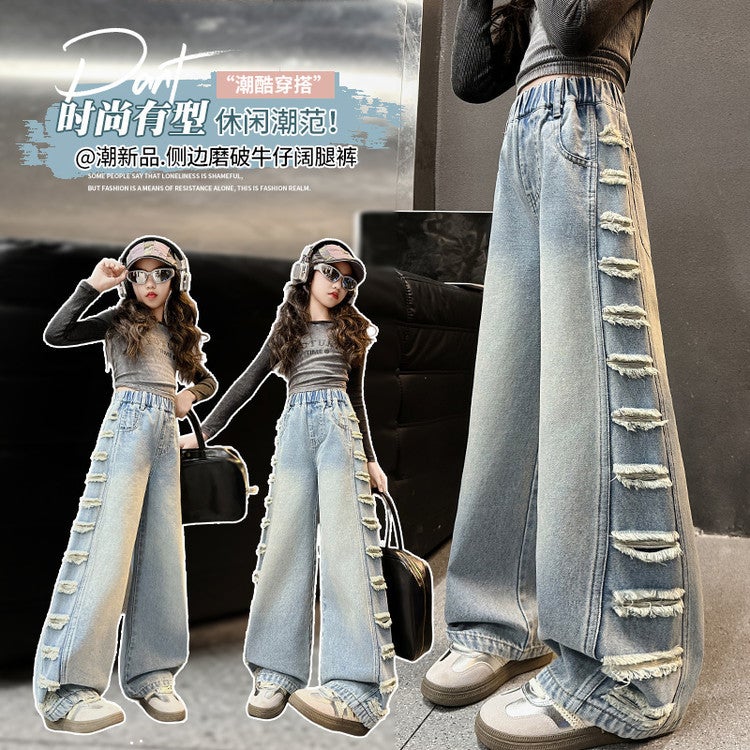 Girls' Jeans Large Children'S Side Ripped Wide Leg Pants Spring Casual Straight Pants - Image 2