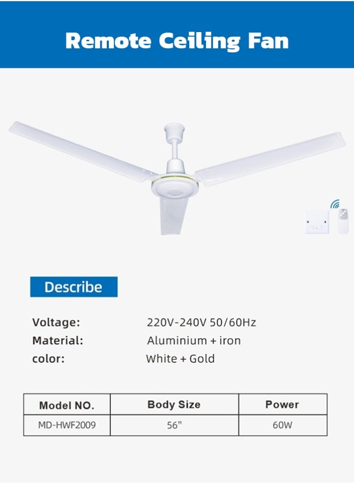 MODI 56 Inch Ceiling Fan with Remote 5 Speed Control 60W Silent Motor High Airflow Energy Saving Metal Blades for Home Bedroom Living Room - Image 2