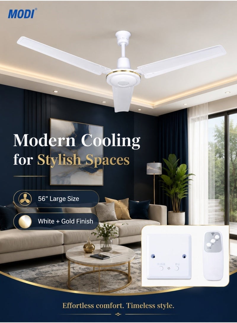 MODI 56 Inch Ceiling Fan 60W White & Gold 3 Blade Ceiling Mounted Fan With Remote Control & Wall Switch Indoor Air Circulation Fan For Living Room Bedroom Office Home - Image 1