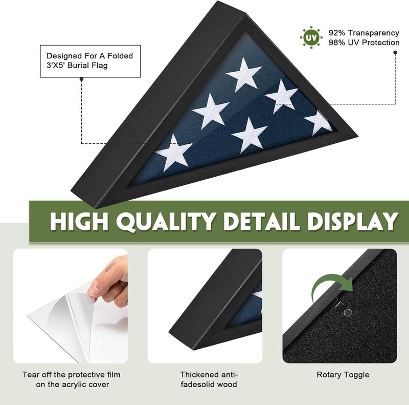 DANF FLAG Flag Case for 3x5 FT Flag, 3'x5' American Flag Display Case Black Wood Memorial Flag Veteran Military Medal Pins Shadow Box with Acrylic Covered and Wall Mounted (Not for Burial Flag Size) - Image 3