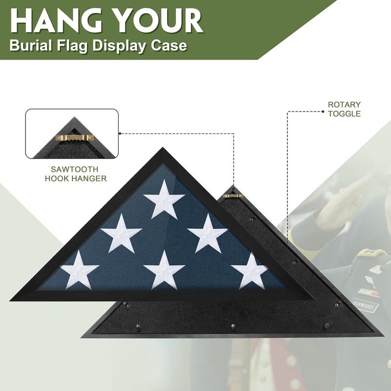 DANF FLAG Flag Case for 3x5 FT Flag, 3'x5' American Flag Display Case Black Wood Memorial Flag Veteran Military Medal Pins Shadow Box with Acrylic Covered and Wall Mounted (Not for Burial Flag Size) - Image 4