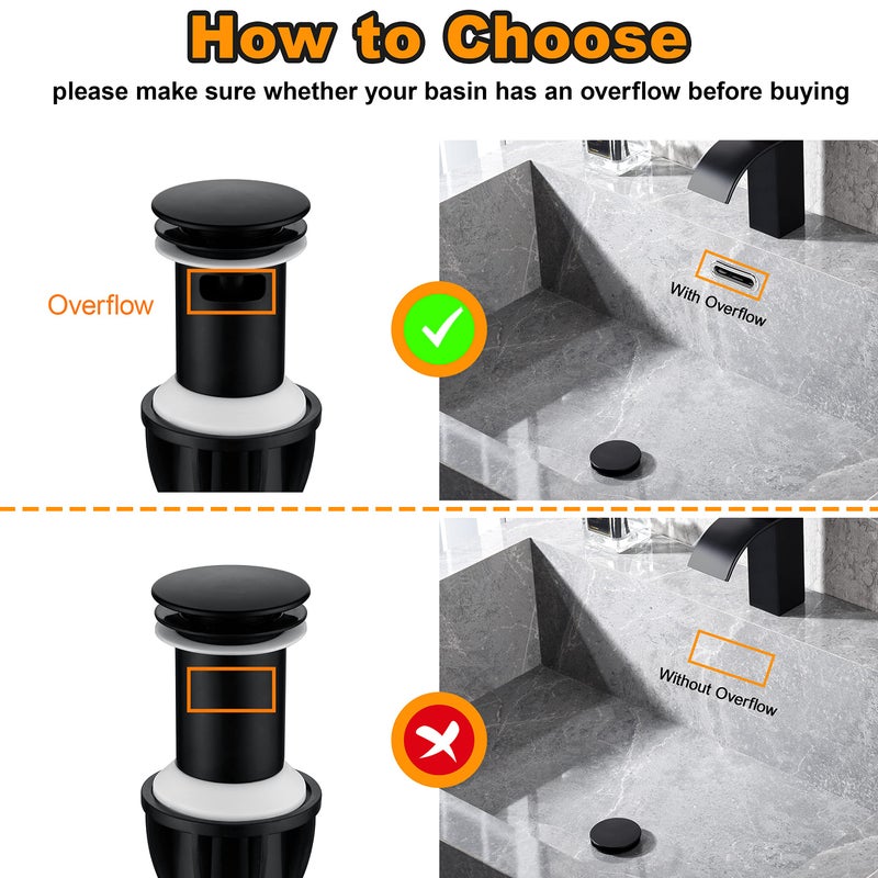 Tioriy Bathroom Vessel Sink Drain With Overflow - 1 3/4 Inch Bathroom Sink Stopper Push And Seal Pop Up Sink Drains Bathroom Sink Vanity Assembly With Strainer Anti Clogging Black - Image 3