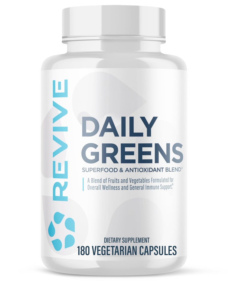 Revive MD Daily Greens Supplement for Men Women Superfood Antioxidant Blend with Digestive Enzymes Prebiotics Probiotics for Immune Support Digestive Gut Health 180 Capsules