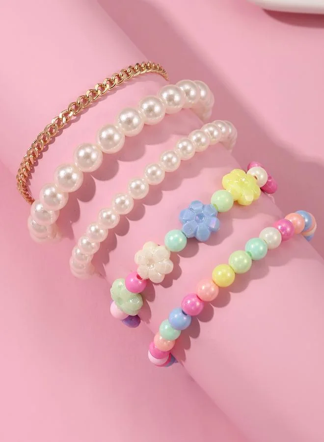 Pack of 5 - Girls Multi-Color Flower Beaded Bracelets