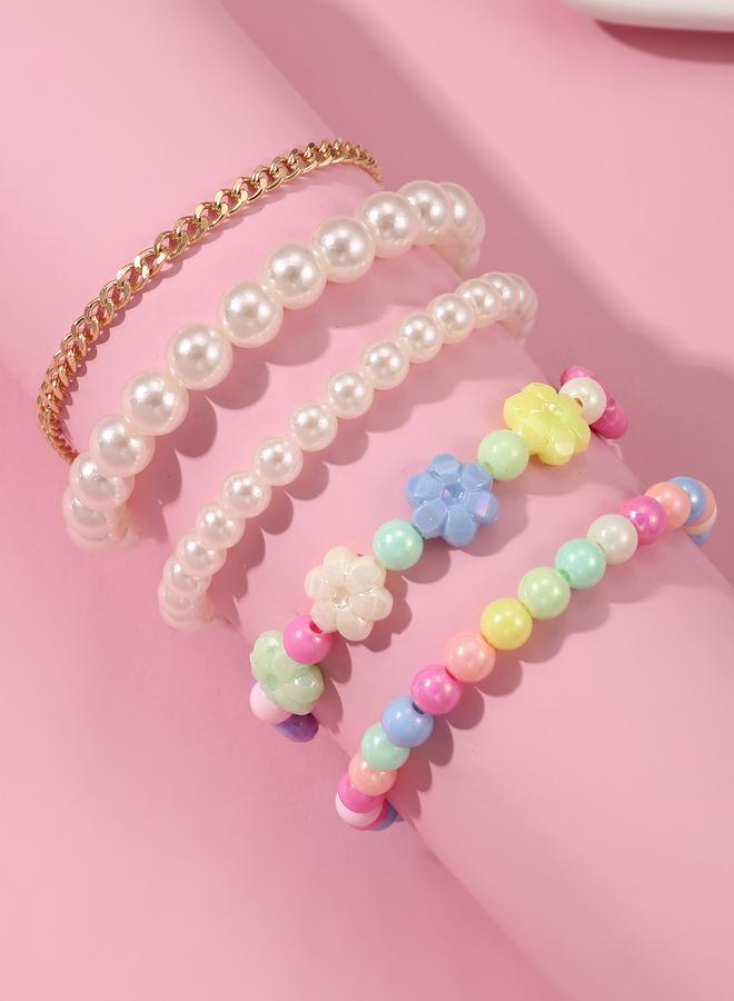 Take Two Pack of 5 - Girls Multi-Color Flower Beaded Bracelets - Image 1