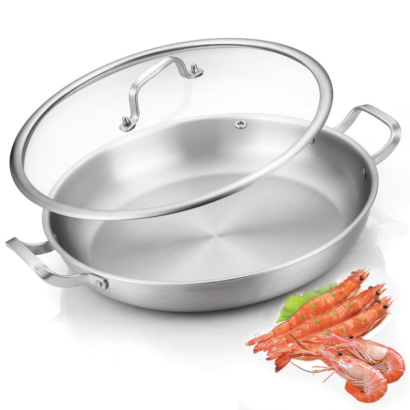 TriPly 1810 Stainless Steel Paella Pan 135 Inch with Lid 810 Servings All Cooktop Compatible Up to 550 Large Stainless Steel Skillet for Outdoor Parties Family Gatherings Entertaining