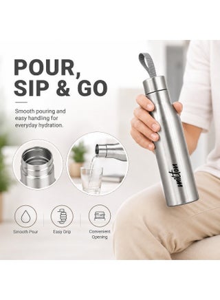 Milton Stainless Steel Water Bottle 650ml Silver Leak Resistant Easy to Carry the Bottle With Strap - view 3