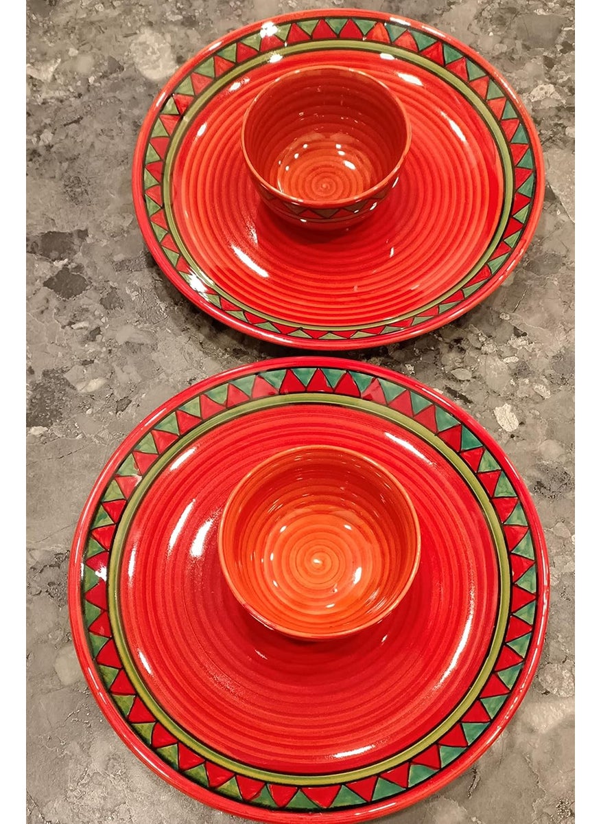Caffeine Caffeine Ceramic Handmade Red & Green Tribal Dinner Set (Set of 6)  - Image 3