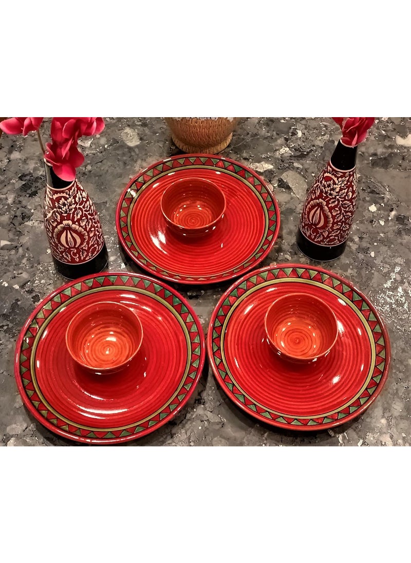 Caffeine Caffeine Ceramic Handmade Red & Green Tribal Dinner Set (Set of 6)  - Image 1