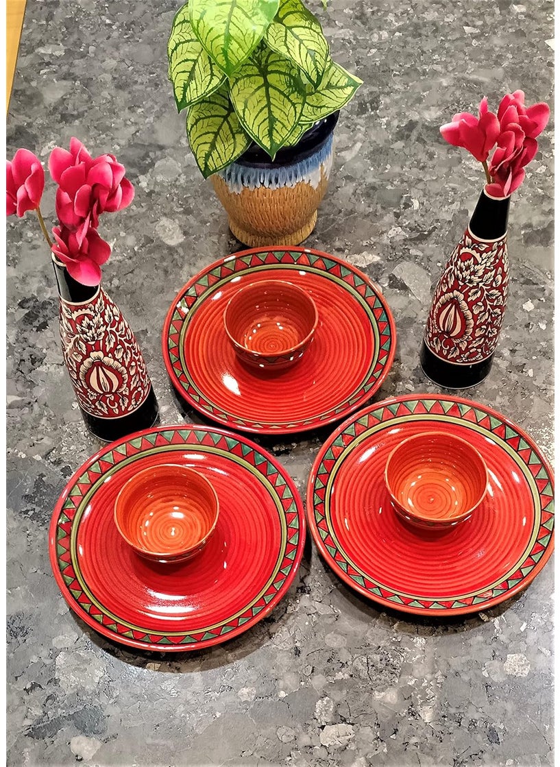 Caffeine Caffeine Ceramic Handmade Red & Green Tribal Dinner Set (Set of 6)  - Image 2