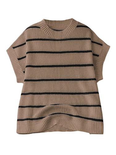 Verdusa Womens Plus Size Short Sleeve Sweater Vest Top Striped Oversized Sweater Vests Khaki 3XLarge Plus - Image 1
