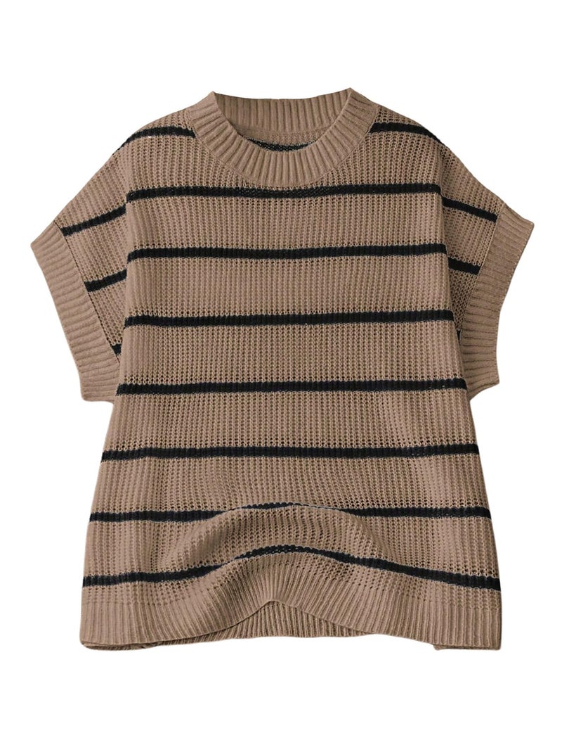 Verdusa Womens Plus Size Short Sleeve Sweater Vest Top Striped Oversized Sweater Vests Khaki 3XLarge Plus - Image 2