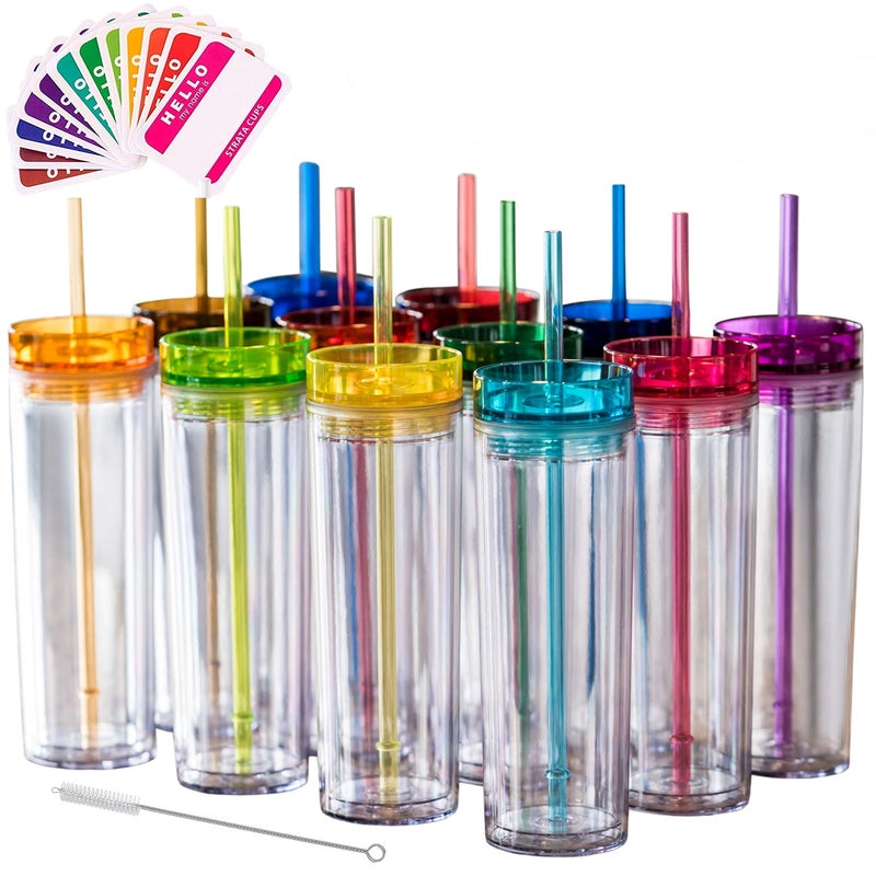 STRATA CUPS STRATA CUPS 24 Colored Skinny Tumblers with Lids and Straws  16oz Reusable Cup DoubleWall Clear Tumbler with Lid and Straw Durable Acrylic Tumblers With FREE Straw Cleaner  Name Tags 