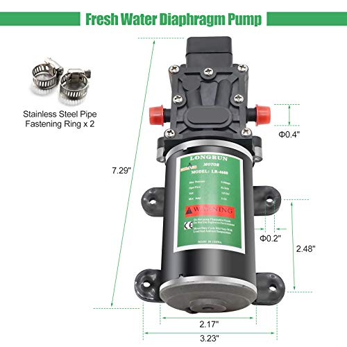 LONGRUN Fresh Water Pump 12V DC Diaphragm Pump with Adjustable Pressure Switch 6L/Min 1.56GPM Self Priming Sprayer Pump with 2 Hose Clamps 100PSI Agriculture Pump for RV Camper Marine Boat Garden Lawn - Image 2