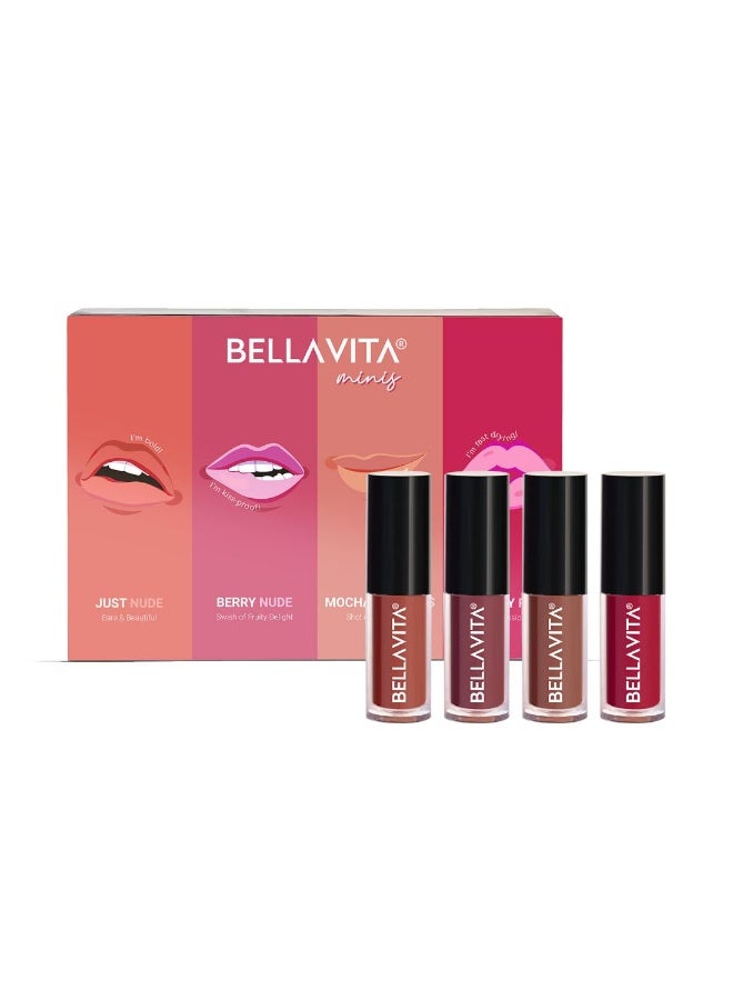 Bella Vita Organic Mini Kiss Proof Liquid Lipstick Gift Set of 4x2ml | Smudge & Transfer-Proof | Intense Moisturisation | Just Nude, Berry Nude, Mocha Madness, Cherry Pop | Lipstick Combo Set - Image 1