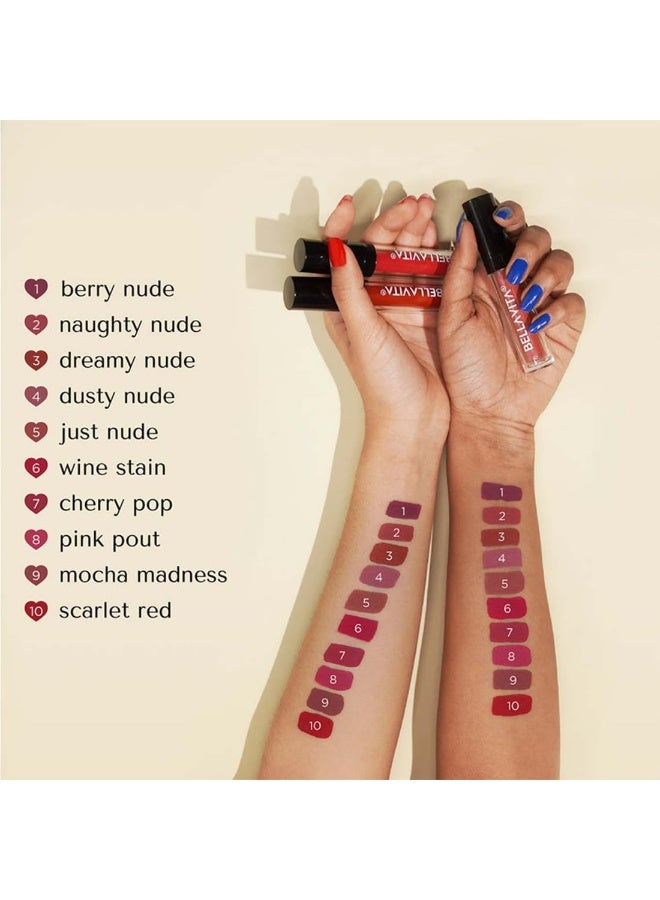 Bella Vita Organic Mini Kiss Proof Liquid Lipstick Gift Set of 4x2ml | Smudge & Transfer-Proof | Intense Moisturisation | Just Nude, Berry Nude, Mocha Madness, Cherry Pop | Lipstick Combo Set - Image 5