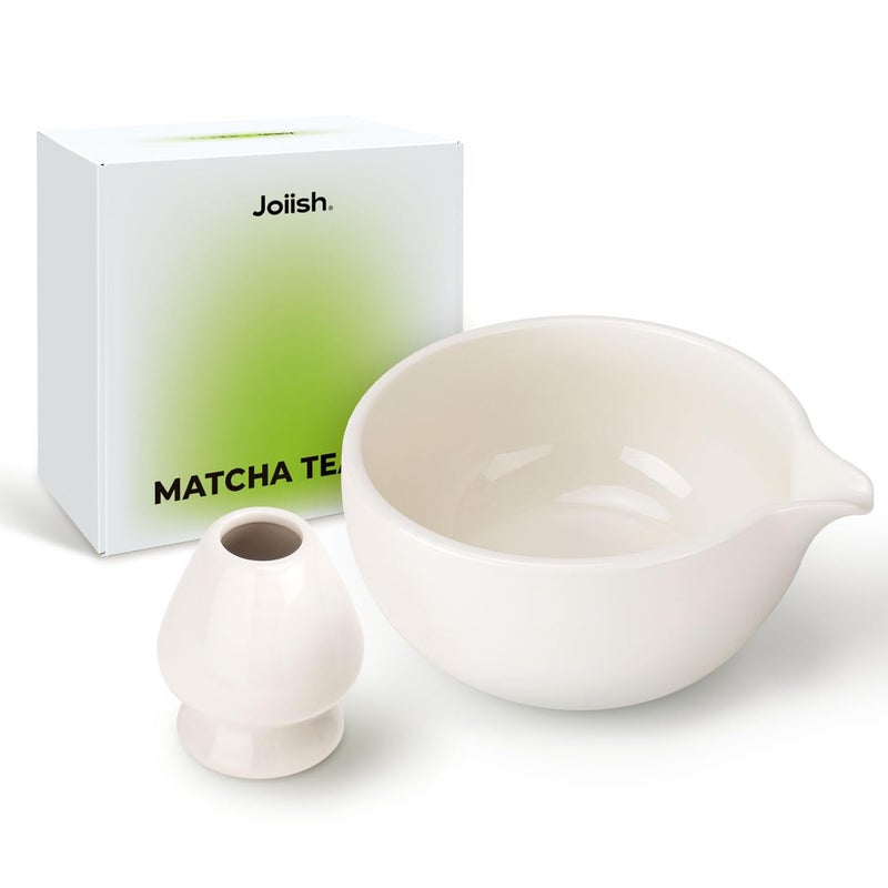 Joiish Matcha Bowl and Whisk Holder Set Ceramic Tea Bowl and Whisk Stand Matcha Tea Mixing Bowl with Spout 18 Ounce Whisk Rest Ivory White