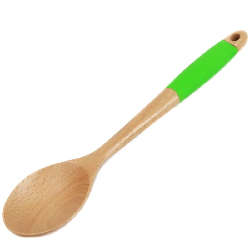 Chef Craft Premium Silicone Handle Wooden Spoon, 14 inch, Green - Image 1