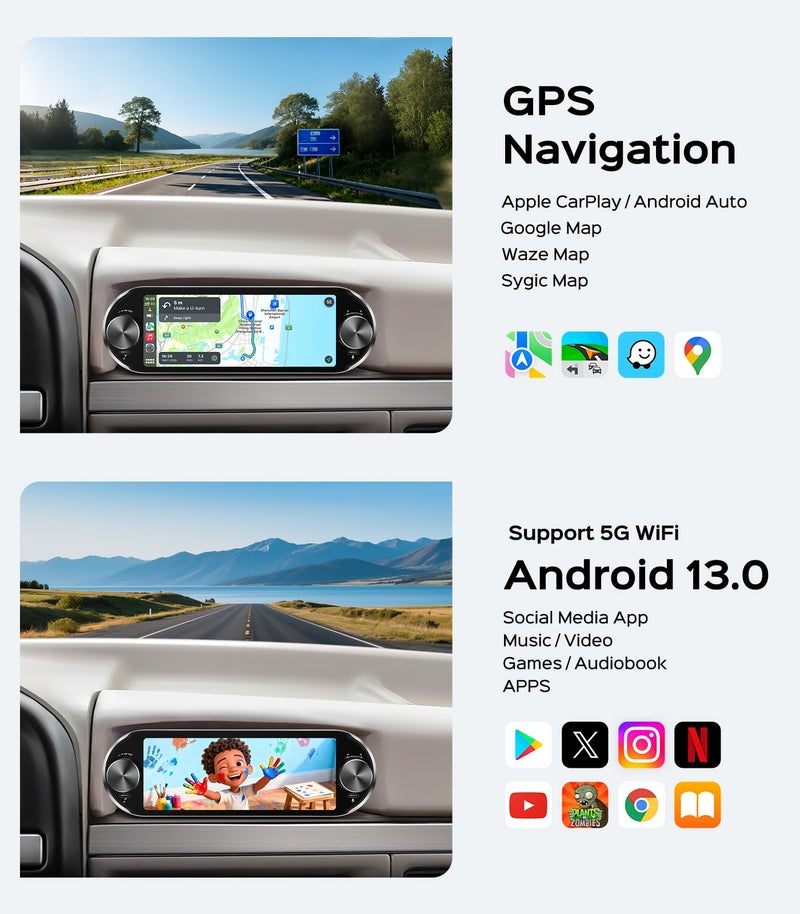 AINAVI 6.86" Single Din Touchscreen Car Radio Wireless CarPlay/Wired Android Auto, 1280 * 480 QLED Car Stereo 2+64G with Bluetooth AM/FM (with Backup Camera) - Image 4