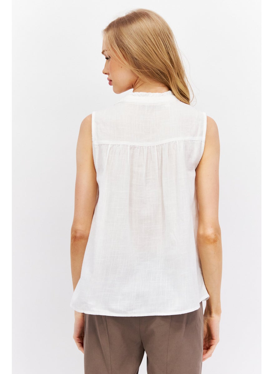 ESPRIT Women Split Neck Sleeveless Textured Top, White  - Image 3