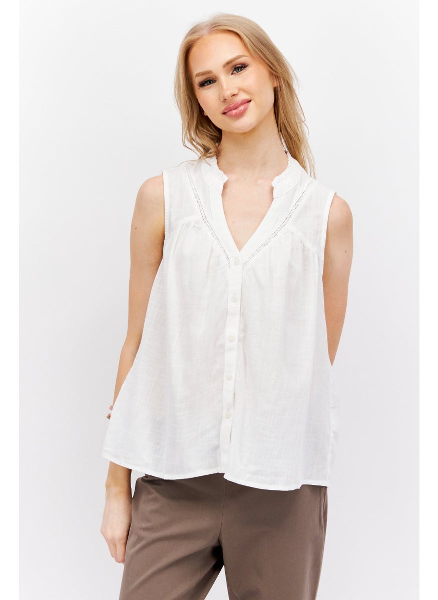 ESPRIT Women Split Neck Sleeveless Textured Top, White  - Image 1