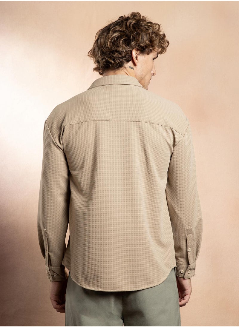 Campus Sutra Campus Sutra Men's Ecru Beige Block-Patch Oversized Shirt For Casual Wear | Spread Collar | Long Regular Sleeves | Button Closure | Oversized Shirt Crafted With Comfort Fit For Everyday Wear  - Image 5