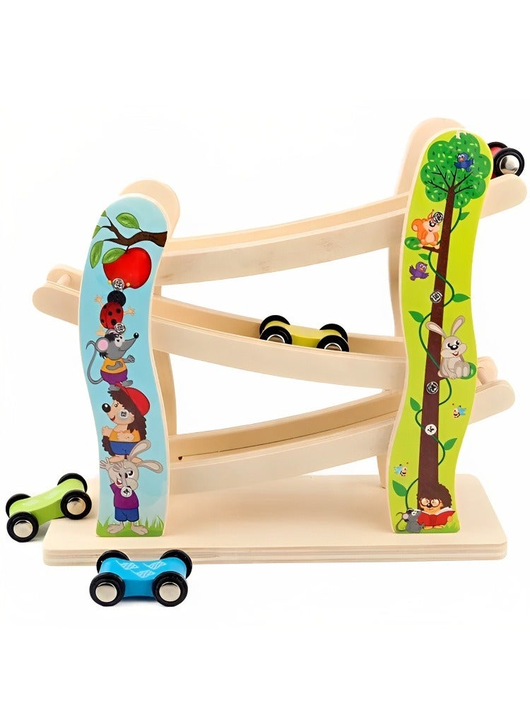 Montessori Set Toddler Toys Race Track, Wooden Race Track Car Ramp Racer With 4 Mini Cars, Educational Creative Toddler Toys, Great Gift for Boys and Girls  - Image 1