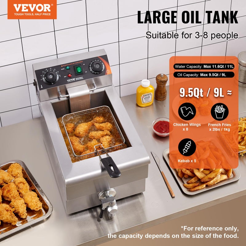 VEVOR Commercial Deep Fryer, 1500W Electric Countertop Fryer with Basket, 11.6Qt / 11L Stainless Steel Single Oil Fryer with Time & Temp Control, Overheat Protection, for Kitchen Restaurant Use - Image 2