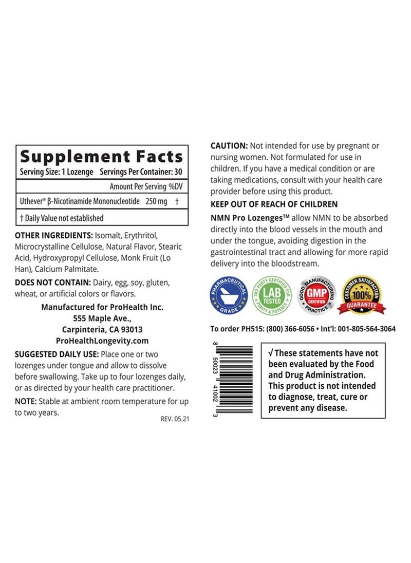 ProHealth - ProHealth Longevity NMN Pro Lozenges - Uthever Brand NMN - World’s Most Trusted Ultra-Pure, stabilized, Pharmaceutical Grade NMN to Boost NAD+, Used in Human Clinical Trials (250 mg, 30 lozenges) - Image 1