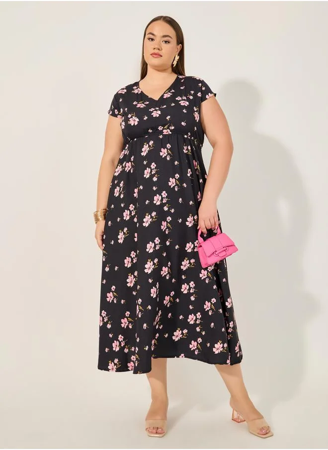 ستايلي Plus Size Floral Print V Neck A-Line Midi Dress