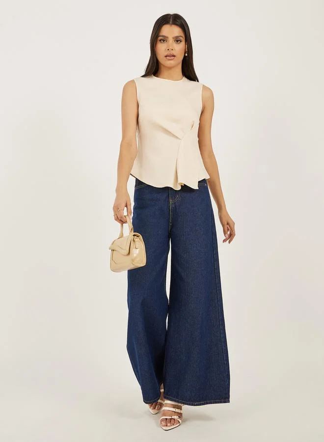 Styli Styli Beige Solid Sleeveless Wrap Look Top
