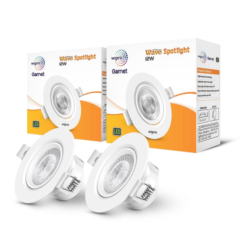wipro Garnet 12W Round Led Wave SpotlightCob Spotlight for CeilingCool White Light 6500KAdjustable DesignRecessed Tiltable Downlighter for False CeilingCutout 125MmPack of 2 - Image 1