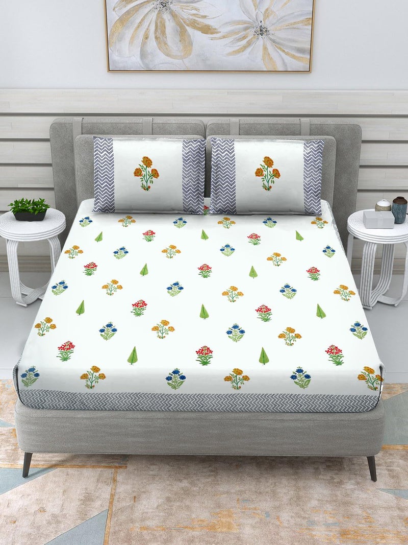 RRC Hand Block Print Bedsheet with Pillow Covers Jaipuri Rajasthani Hand Block Print Cotton 400 TC Double Bed Size 90X108Inches 2 Large Pillow Covers 17X28Inches Green boota Double - Image 1