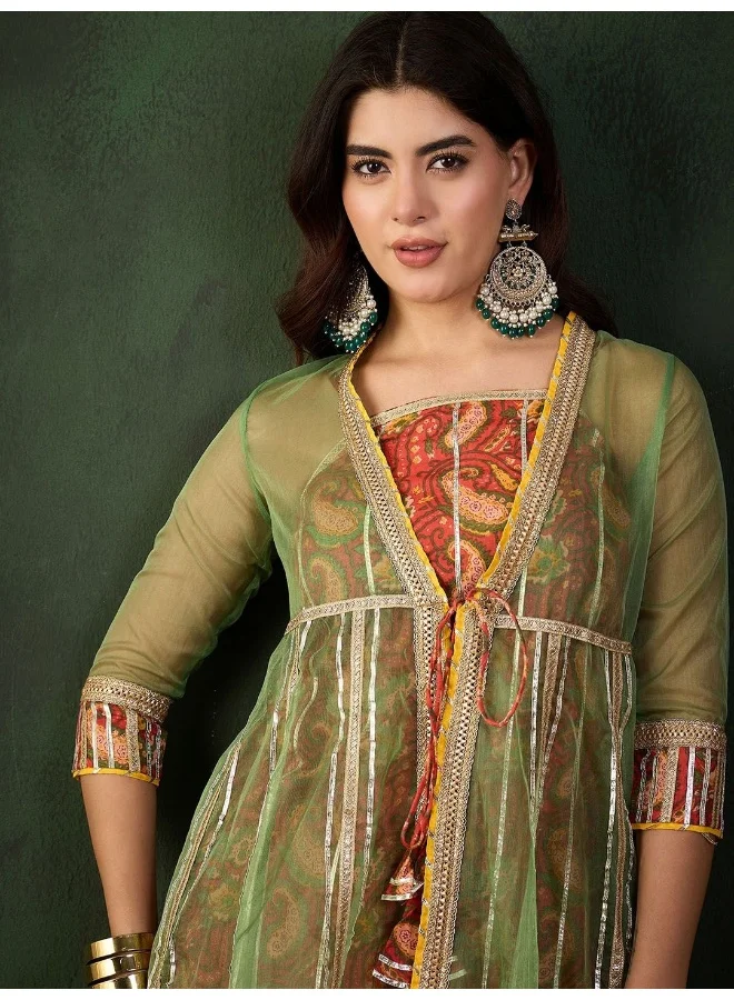 AKS Red Kurta And Sharara With Green Organza Jacket
