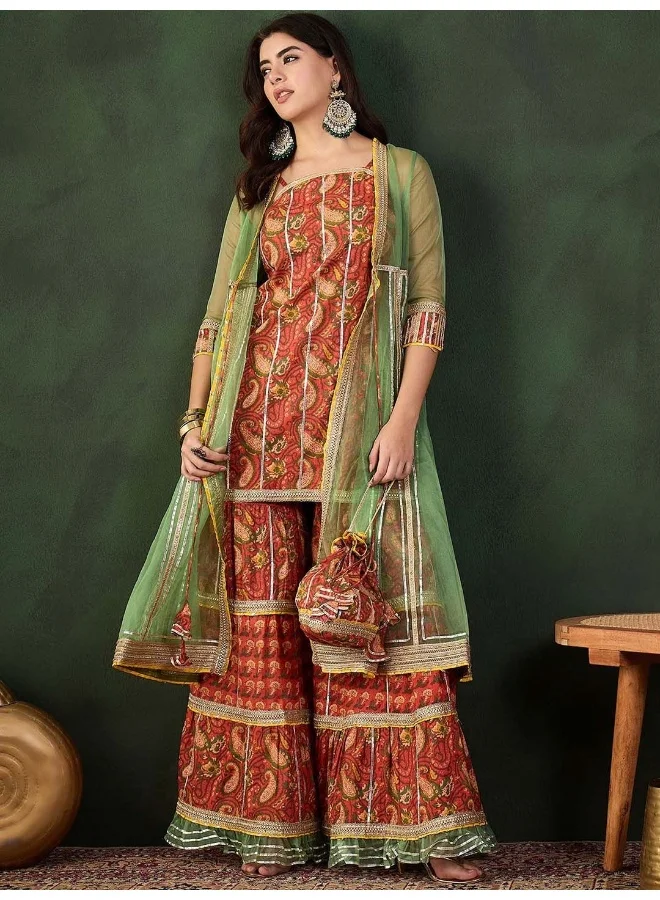 AKS Red Kurta And Sharara With Green Organza Jacket