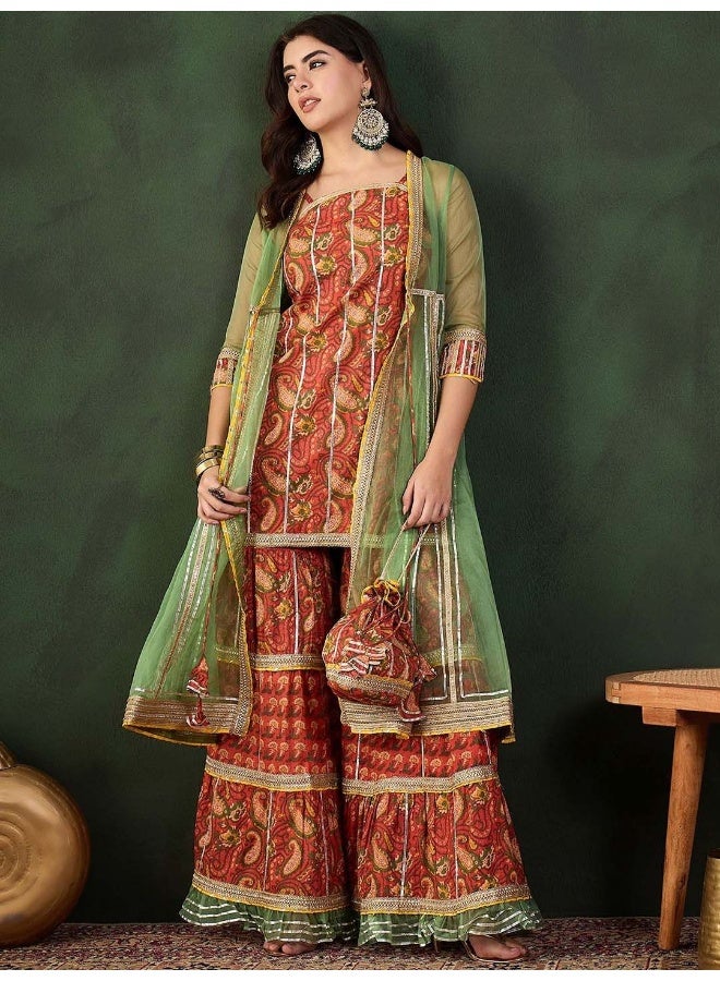 AKS Red Kurta And Sharara With Green Organza Jacket - Image 4